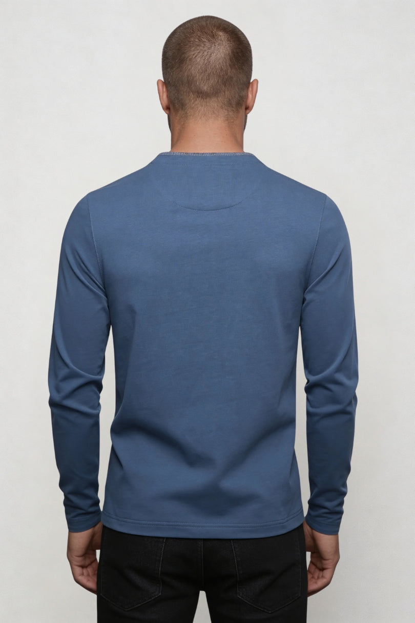 Wesley Cotton Henley Long Sleeve Shirt - Blue