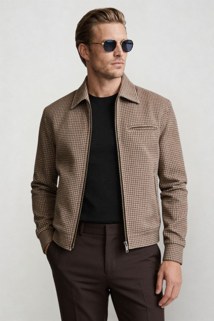 Victor Structured Check Zip Jacket - Brown