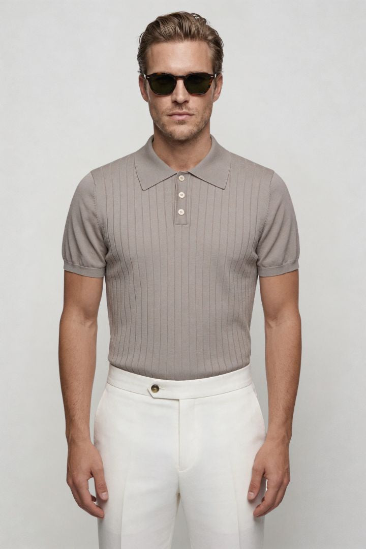 Renzo Ribbed Knit Polo - Sandstone