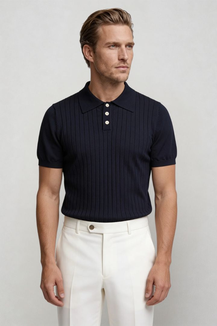 Renzo Ribbed Knit Polo - Navy