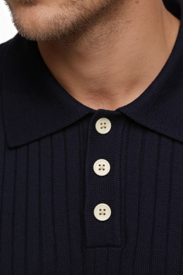 Renzo Ribbed Knit Polo - Navy
