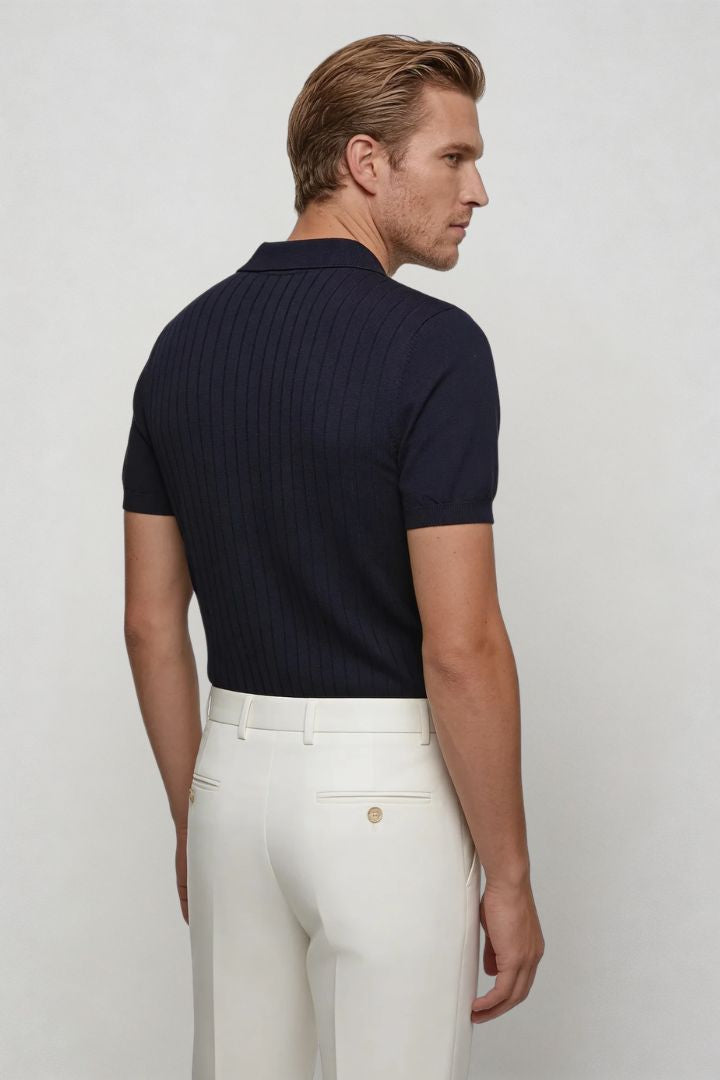 Renzo Ribbed Knit Polo - Navy