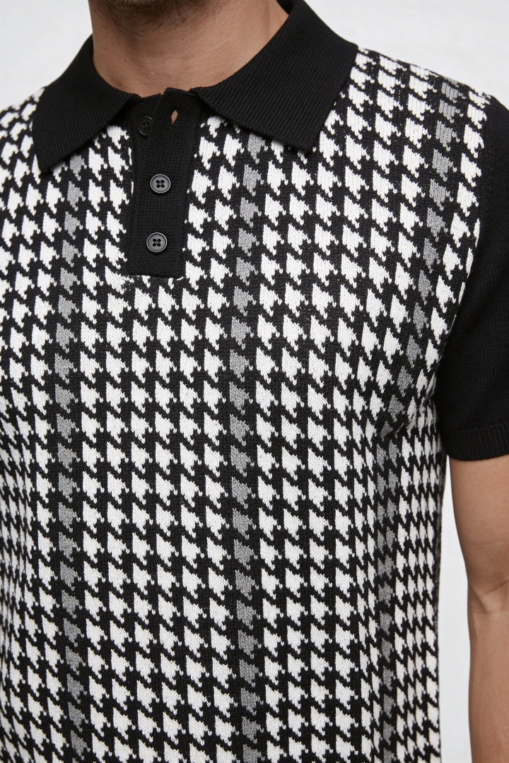 Tate Houndstooth Knit Polo - Black