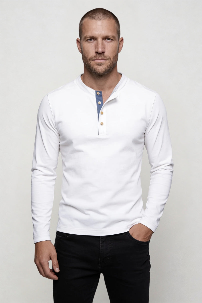 Wesley Cotton Henley Long Sleeve Shirt - White