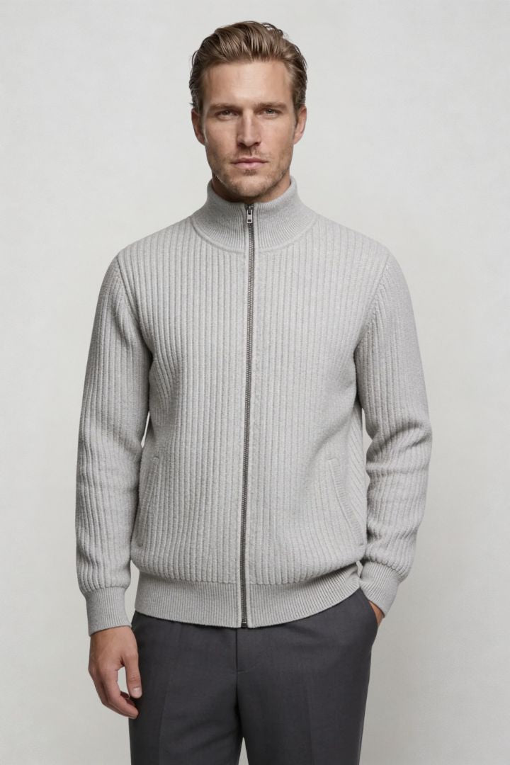 Valerio Ribbed Zip Knit Cardigan - Grey