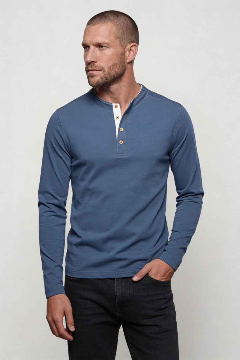 Wesley Cotton Henley Long Sleeve Shirt - Blue