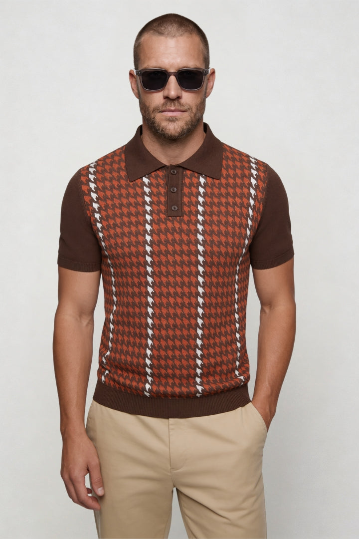 Tate Houndstooth Knit Polo - Brown