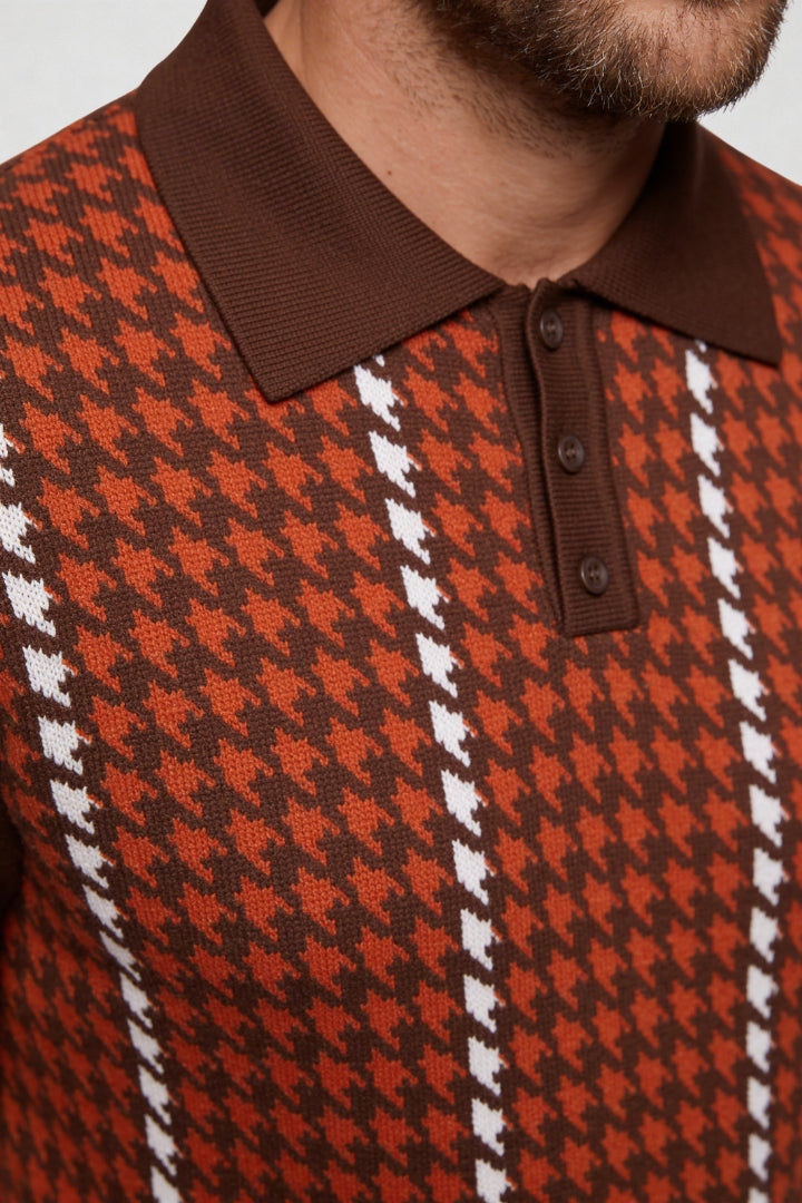 Tate Houndstooth Knit Polo - Brown