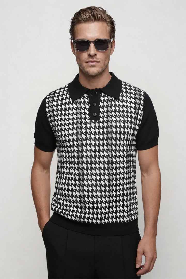 Tate Houndstooth Knit Polo - Black