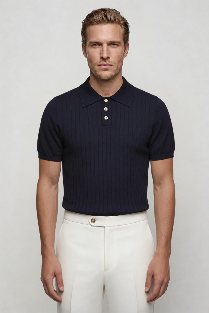 Renzo Ribbed Knit Polo - Navy